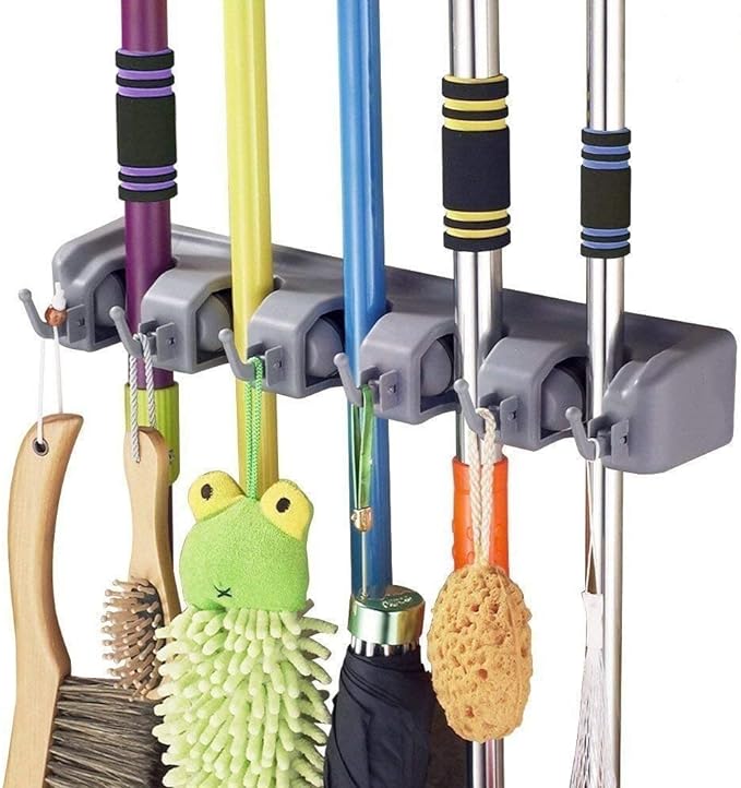 Wall Mounted Mop & Broom Holder Organizer with Hooks - Heavy Duty Storage Rack for Home, Kitchen & Garage